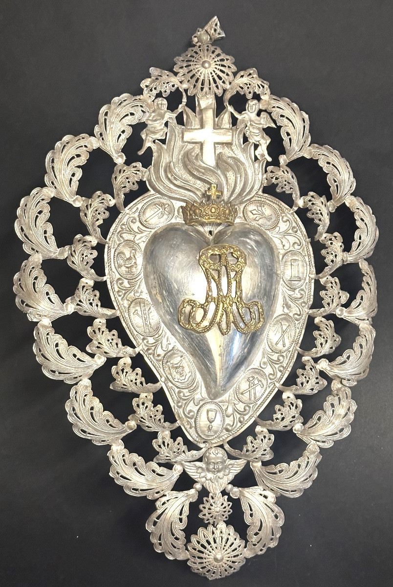 Very Large 37cm Silver Heart-shaped Angel Ex-voto Unhallmarked Valentine's Day Love Ex-voto