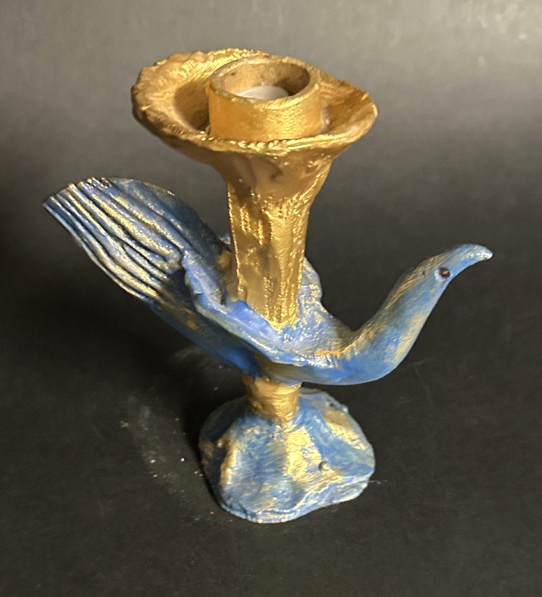 Pierre CASENOVE bougeoir en bronze doré et patine bleue Signé oiseau Fondica-photo-2