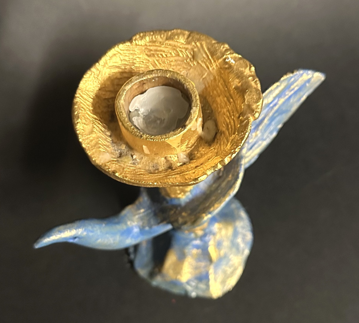 Pierre CASENOVE bougeoir en bronze doré et patine bleue Signé oiseau Fondica-photo-1