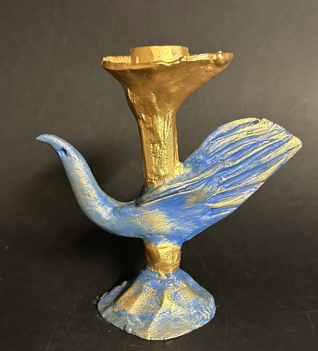 Pierre CASENOVE bougeoir en bronze doré et patine bleue Signé oiseau Fondica