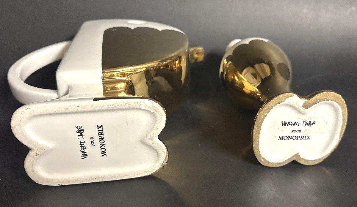 Vincent Darré 20th Century Fish Carafe And Bird Pitcher Monoprix Edition White And Gold Design -photo-4