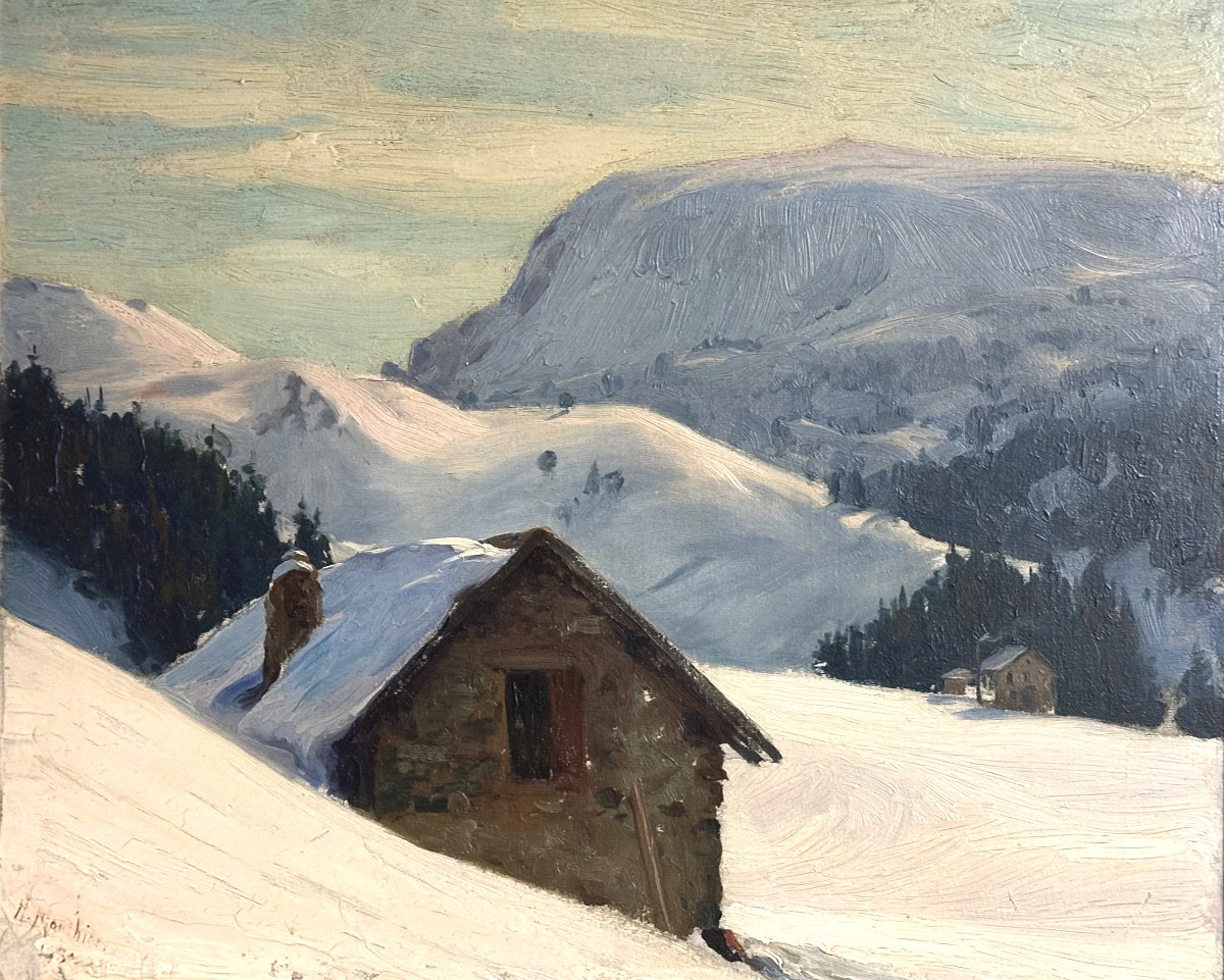 Hippolyte MOUTHIER 1880-1975 Grande huile Chalet sous la neige en montagne 1930 Alpes Grenoble-photo-2