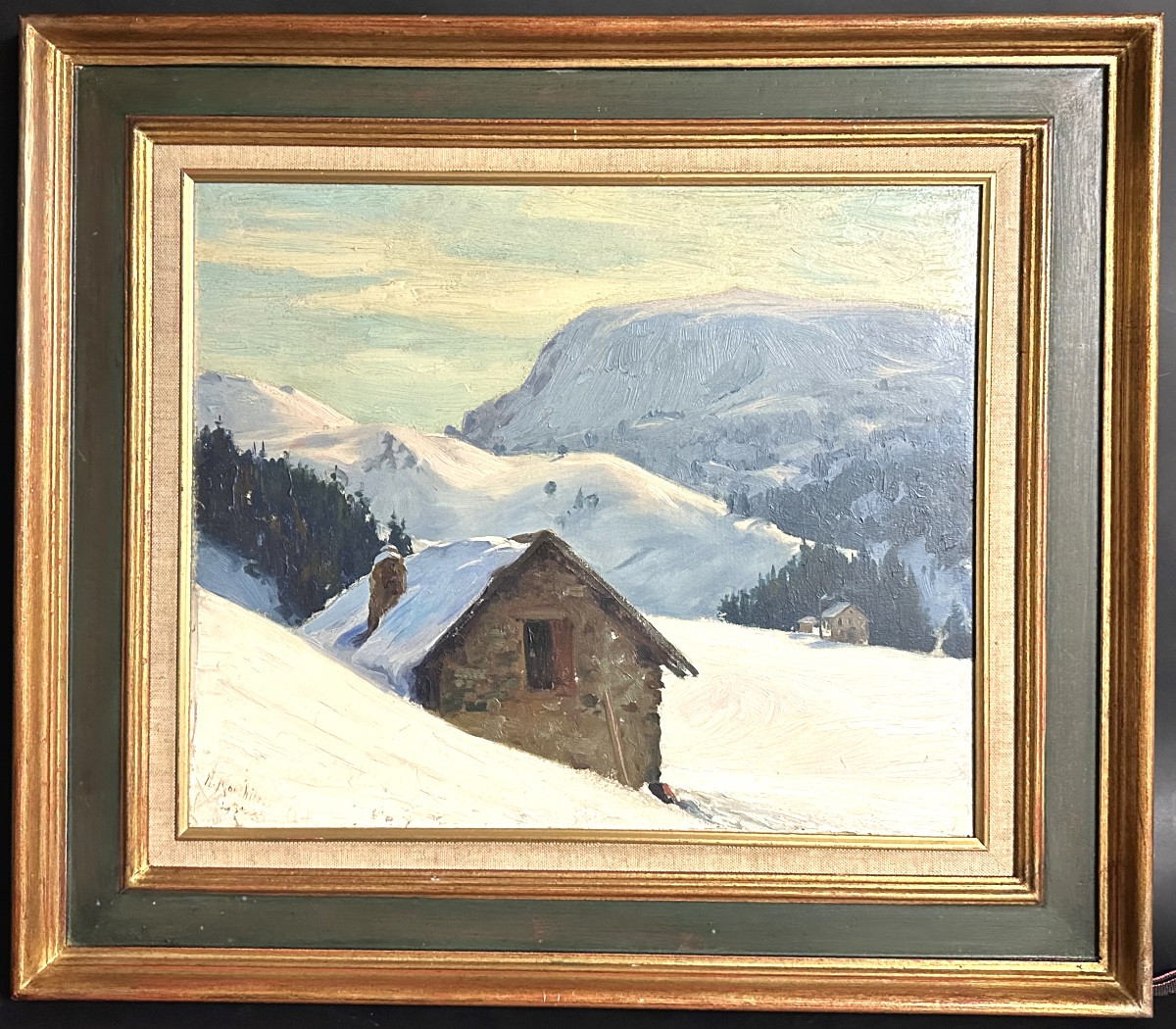 Hippolyte MOUTHIER 1880-1975 Grande huile Chalet sous la neige en montagne 1930 Alpes Grenoble