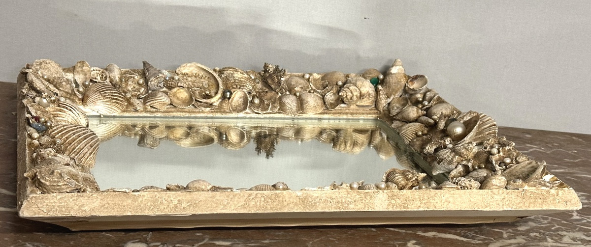 Antique Mirror With Seashells And Rhinestones. A Curiosity From Around 1950, In Good Condition.-photo-2