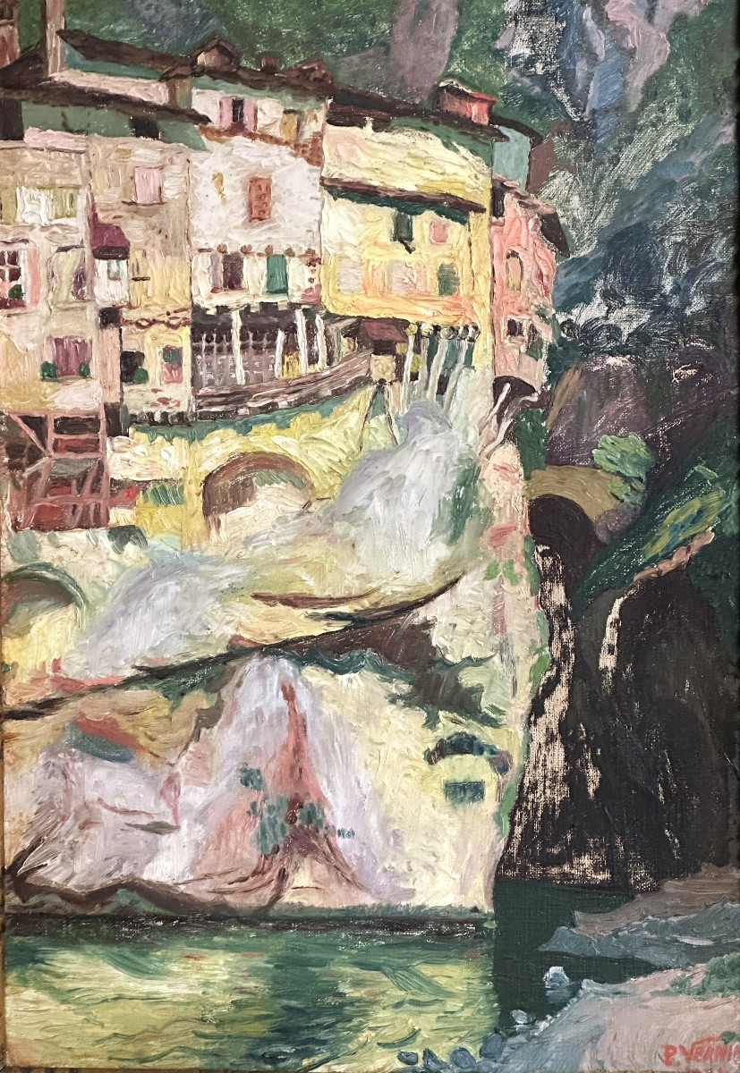 P. Vernin Oil Painting 1931 Pont En Royans Hanging Houses La Bourne Vercors Isère Alps /2-photo-2