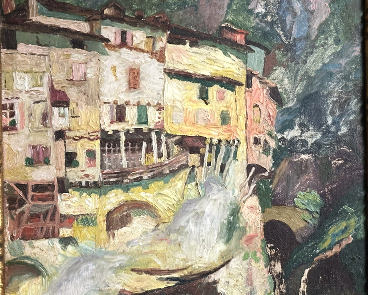 P. Vernin Oil Painting 1931 Pont En Royans Hanging Houses La Bourne Vercors Isère Alps /2-photo-3