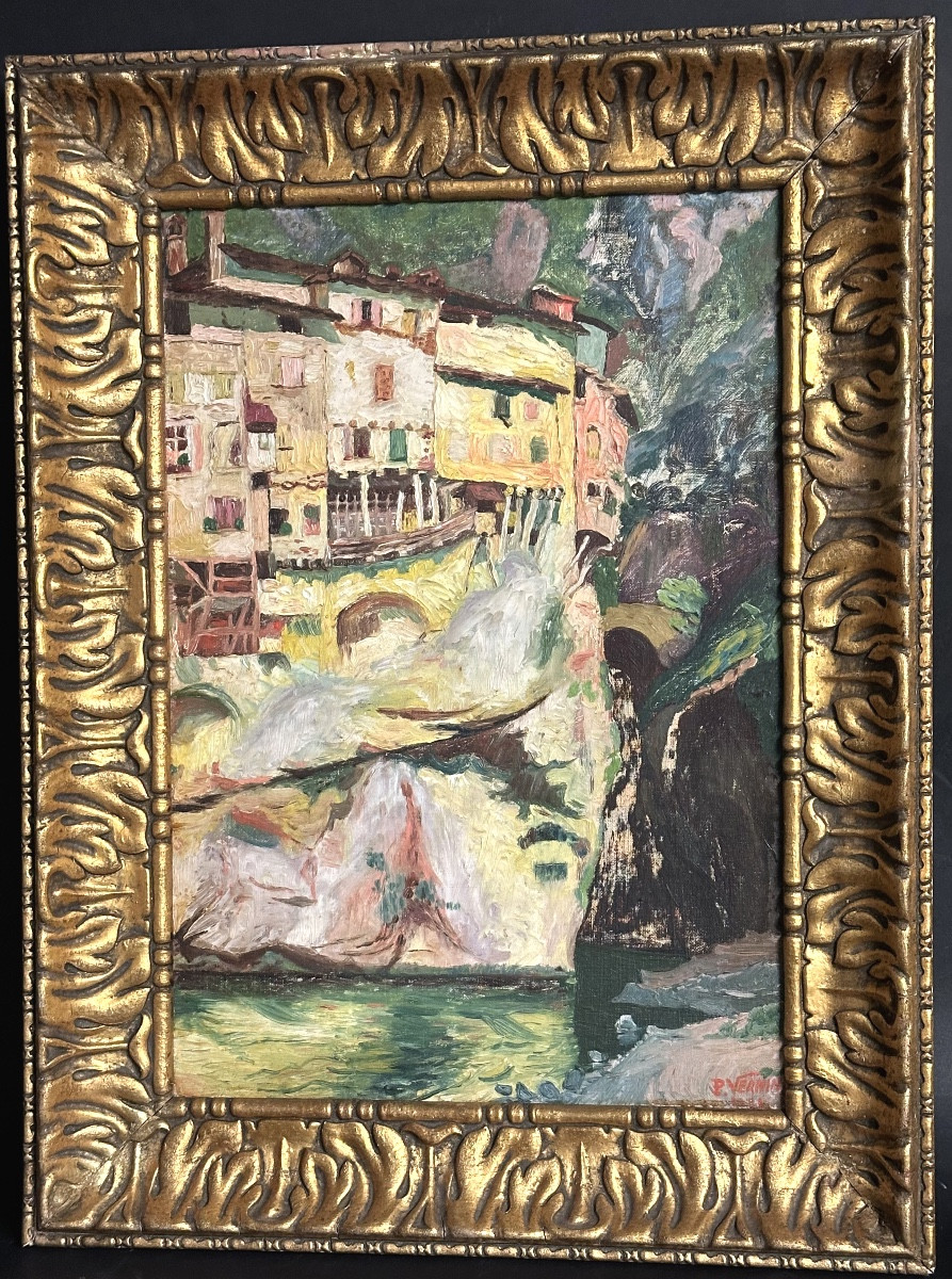 P. Vernin Oil Painting 1931 Pont En Royans Hanging Houses La Bourne Vercors Isère Alps /2