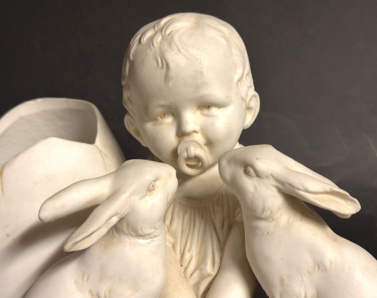 Biscuit de porcelaine Enfant au lapin et œuf de Pâques Hertwig & Co 1920-photo-3