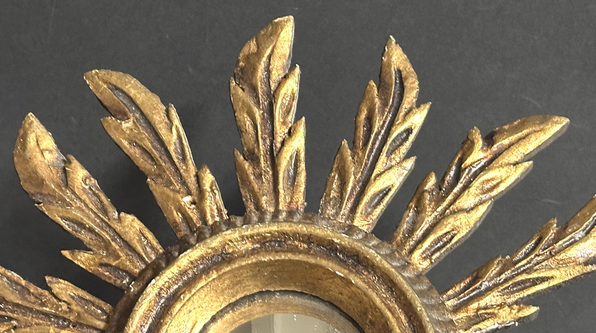 Witch's Sun Mirror 27.5 Cm In Curved And Distorting Gilded Wood Curiosity-photo-4