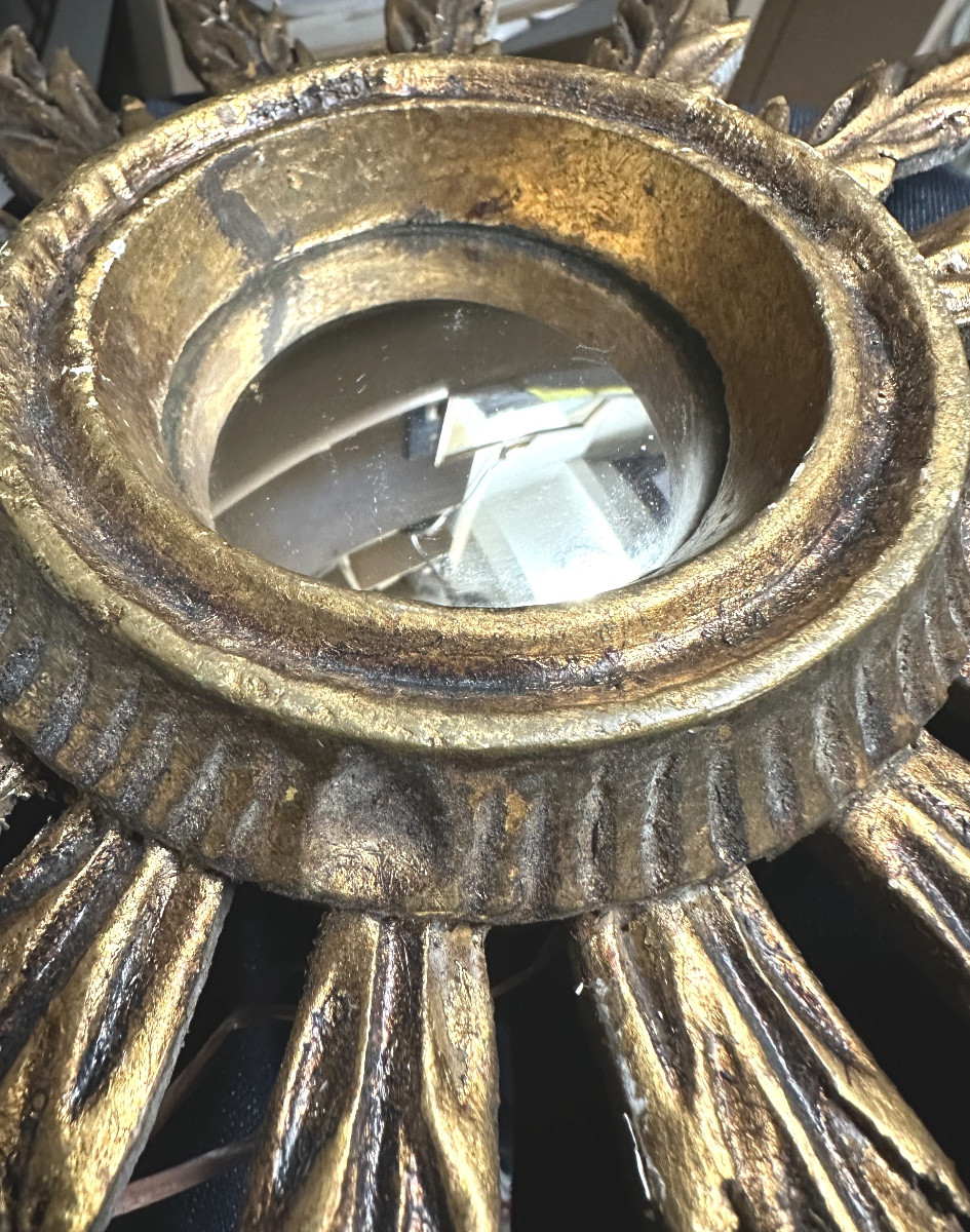 Witch's Sun Mirror 27.5 Cm In Curved And Distorting Gilded Wood Curiosity-photo-3