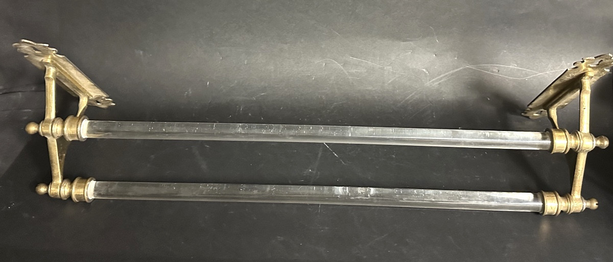1900 Towel Rack In Brass And Glass Tubes Signed H*b Paris In Very Good Condition.-photo-3