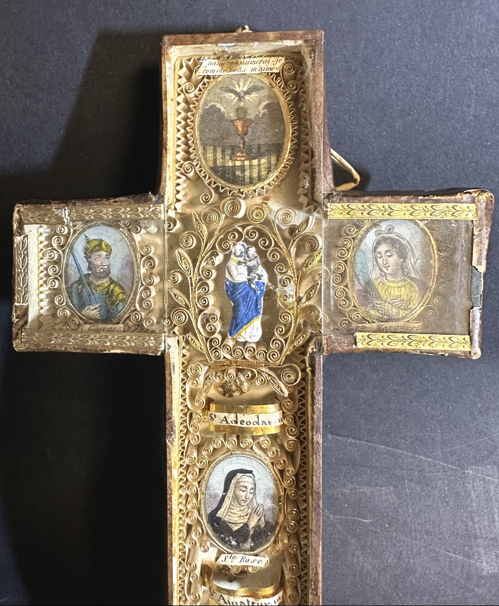 Croix reliquaire à paperolles XVIIIe à reliques religieuses Saints St Georges Marguerite Rose -photo-2