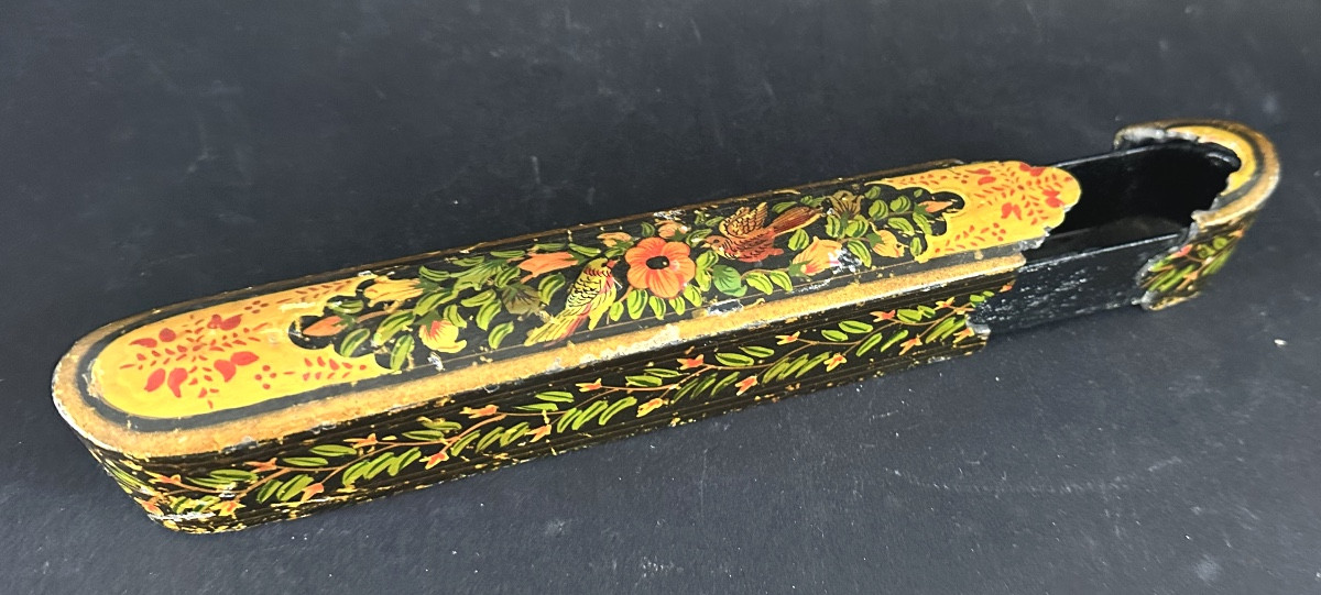 Plumier Qajar XIXe en papier mâché Qalamdan persan Kadjar oiseaux et fleurs-photo-3