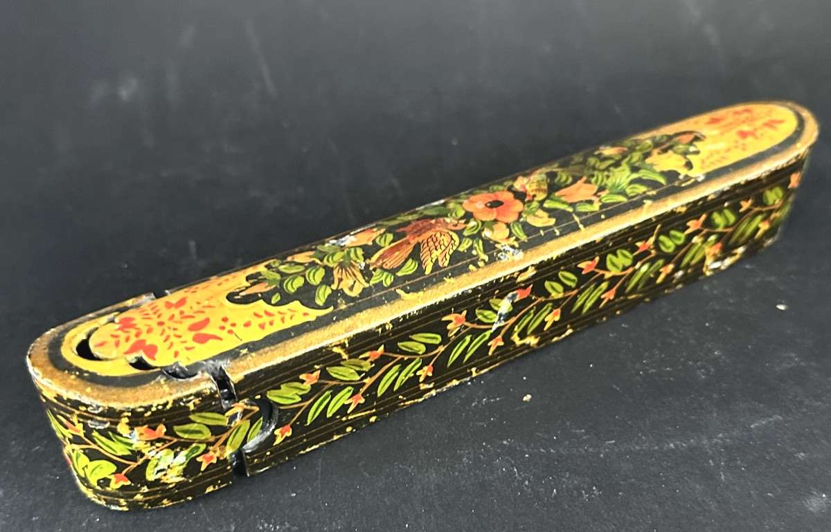 Plumier Qajar XIXe en papier mâché Qalamdan persan Kadjar oiseaux et fleurs-photo-5