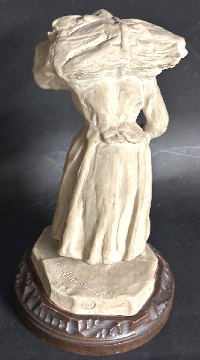 Ernest Wittmann For Mougin Nancy Stoneware On Sculpted Base 1910 Vieille Au Fagot /2-photo-3