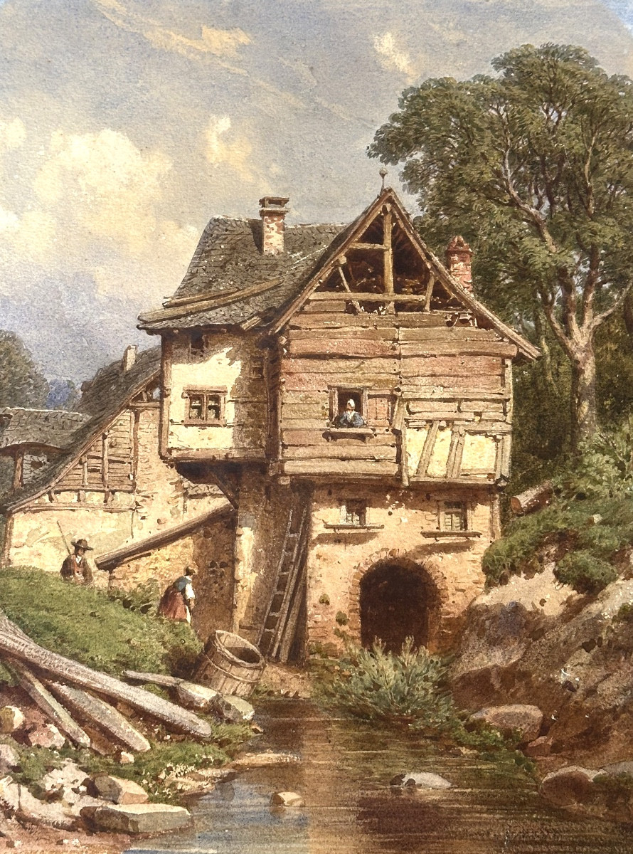 Joseph Laurent PELISSIER 1811-1892 Village Vosgien animé aquarelle Metz Mulhouse -photo-2