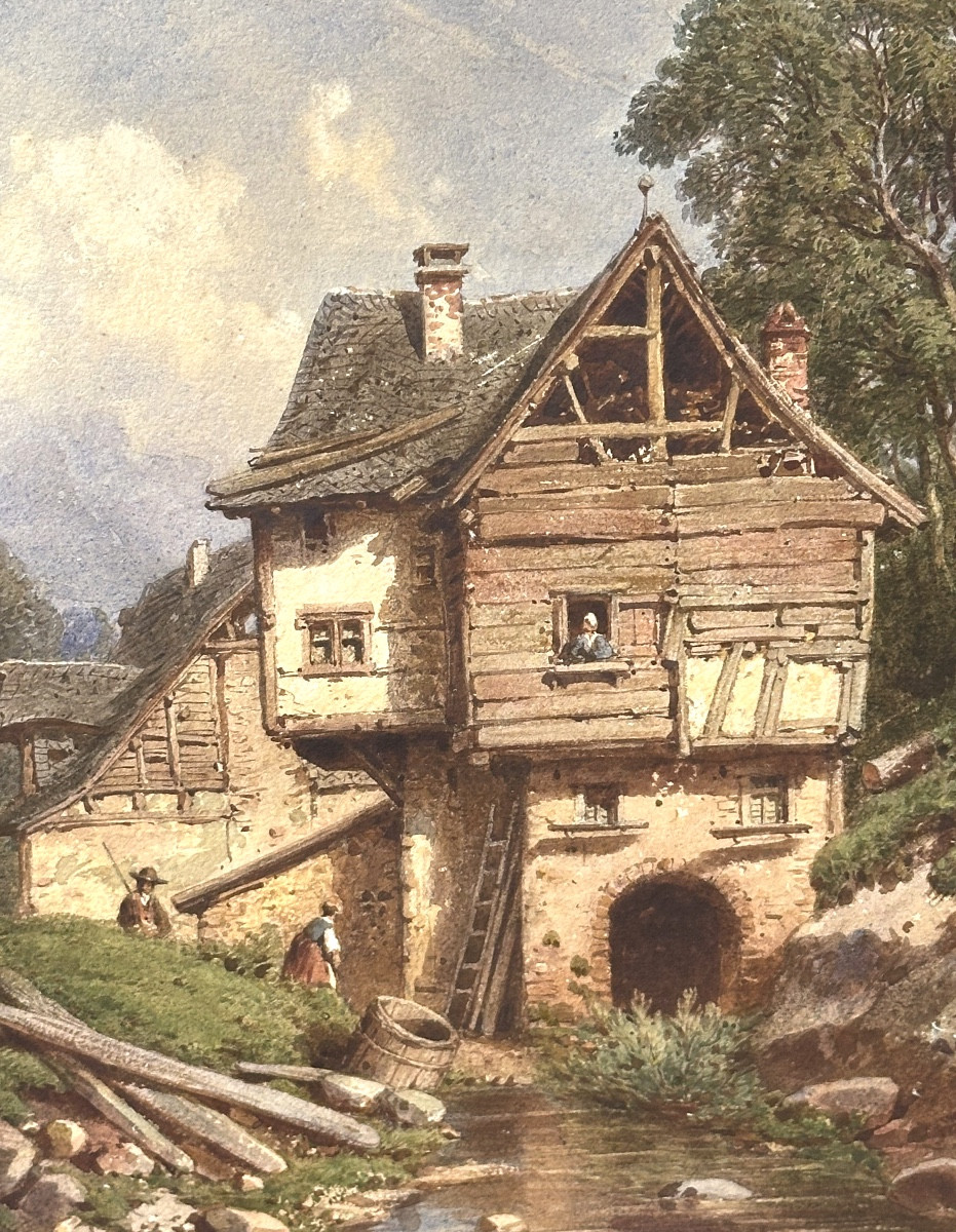 Joseph Laurent PELISSIER 1811-1892 Village Vosgien animé aquarelle Metz Mulhouse -photo-4