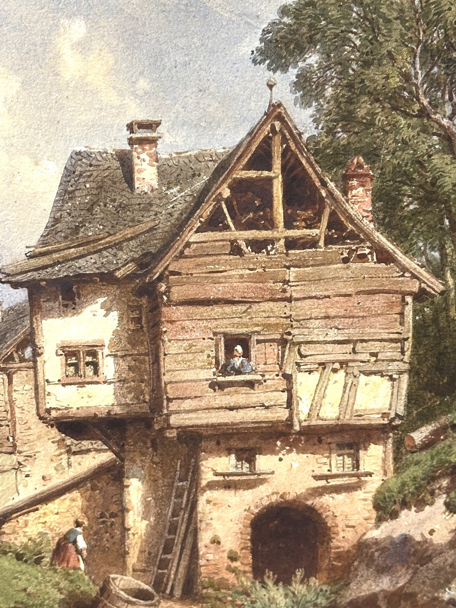 Joseph Laurent PELISSIER 1811-1892 Village Vosgien animé aquarelle Metz Mulhouse -photo-5