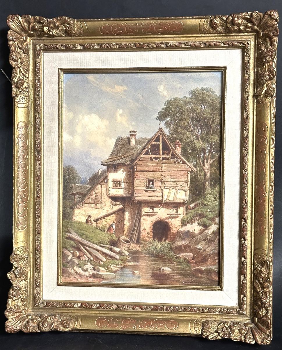 Joseph Laurent PELISSIER 1811-1892 Village Vosgien animé aquarelle Metz Mulhouse 