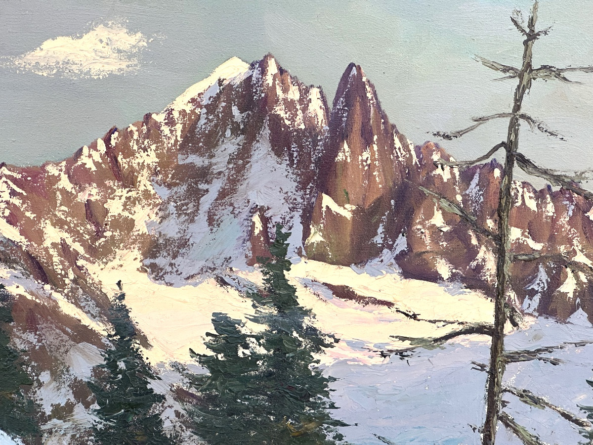 Corelli XXth Large Oil Painting l' Aiguille Verte Le Dru La Flachere Chamonix Alpes Grenoble Mountain-photo-2