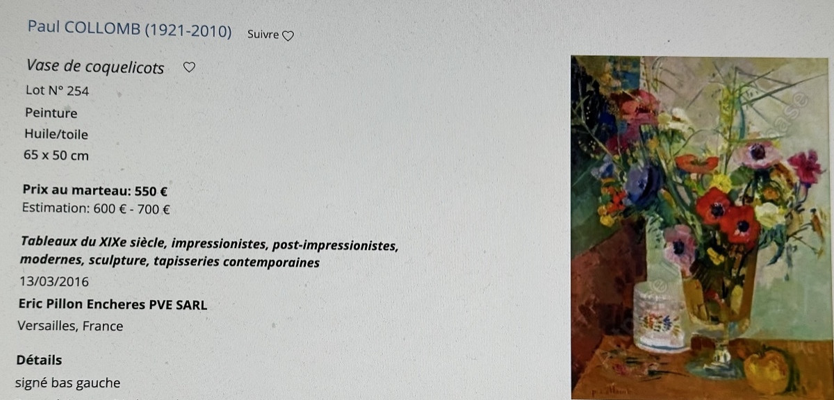 Paul COLLOMB 1921-2010 Huile vase de fleurs signé-photo-7