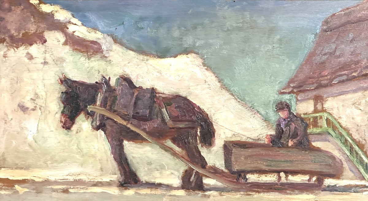 Charles Boutheon 1877-1949 Oil Sled On Mountain Snow 1929 Alps-photo-2