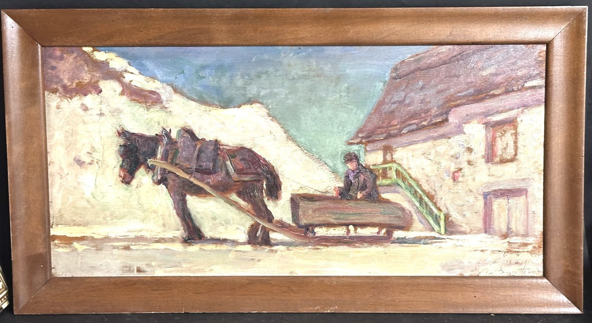 Charles Boutheon 1877-1949 Oil Sled On Mountain Snow 1929 Alps