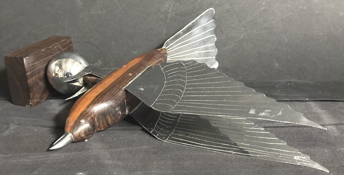 Art Deco Bird Sculpture In Flight In Chrome And Macassar Wood 1930-photo-3