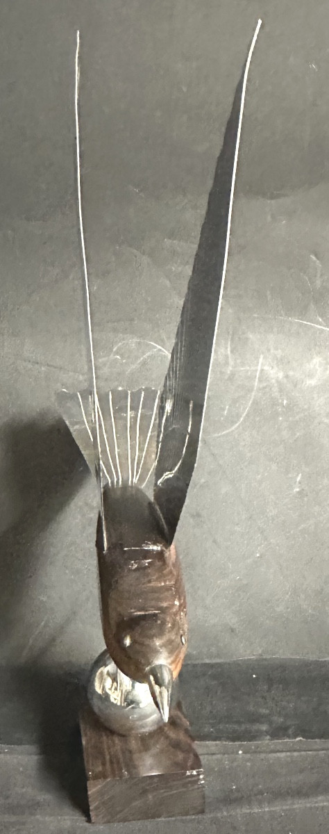 Art Deco Bird Sculpture In Flight In Chrome And Macassar Wood 1930-photo-4