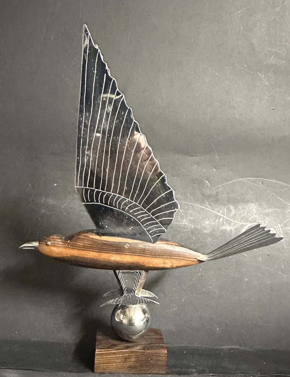 Art Deco Bird Sculpture In Flight In Chrome And Macassar Wood 1930-photo-1