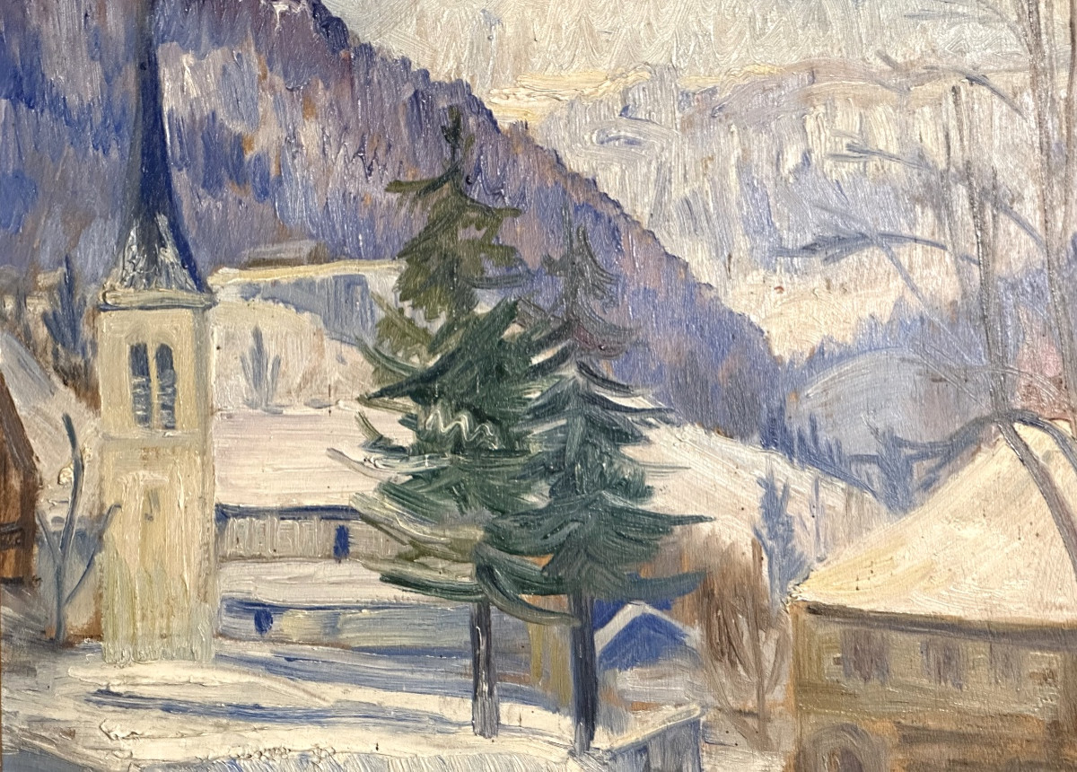 A. Bouiller ? 1952 Oil Snowy Mountain Landscape-photo-2