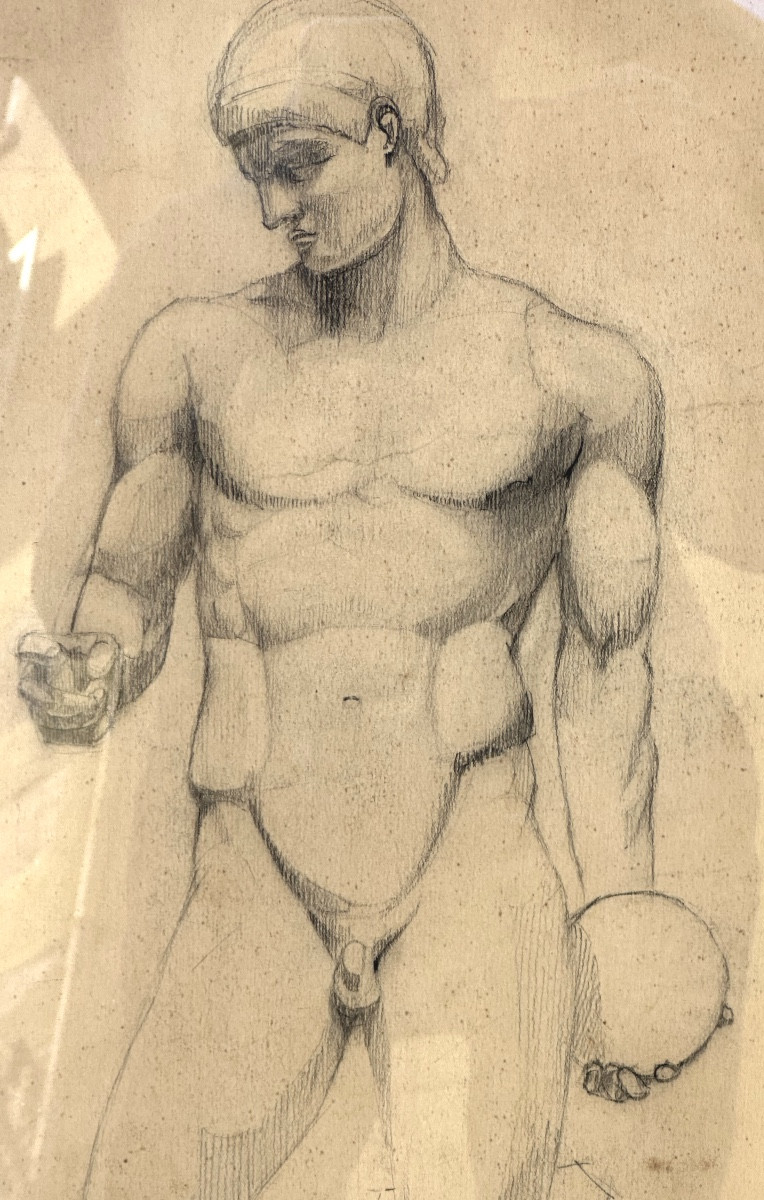 R. Peters XXth Large Charcoal Academy Of Man Art Deco Drawing Discobole-photo-2