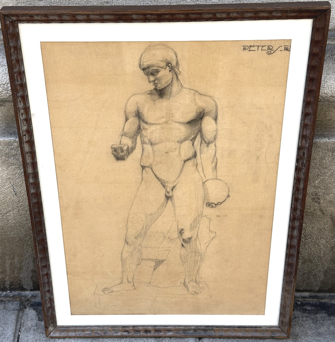 R. Peters XXth Large Charcoal Academy Of Man Art Deco Drawing Discobole