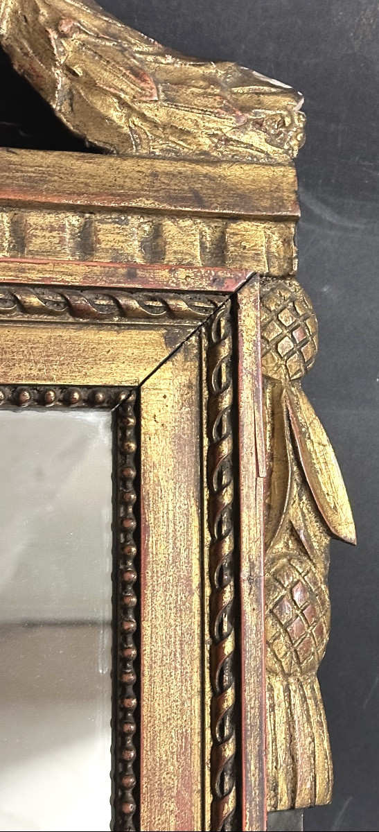 Miroir à fronton Louis XVI époque XVIIIe en bois doré et patiné 64,5 cm-photo-2