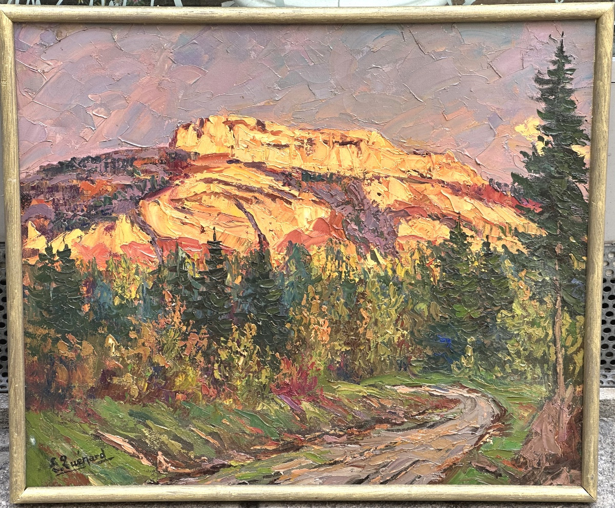 Lucien QUENARD 1902-1995 Huile La Pinea en Chartreuse Soleil couchant Montagne Grenoble 