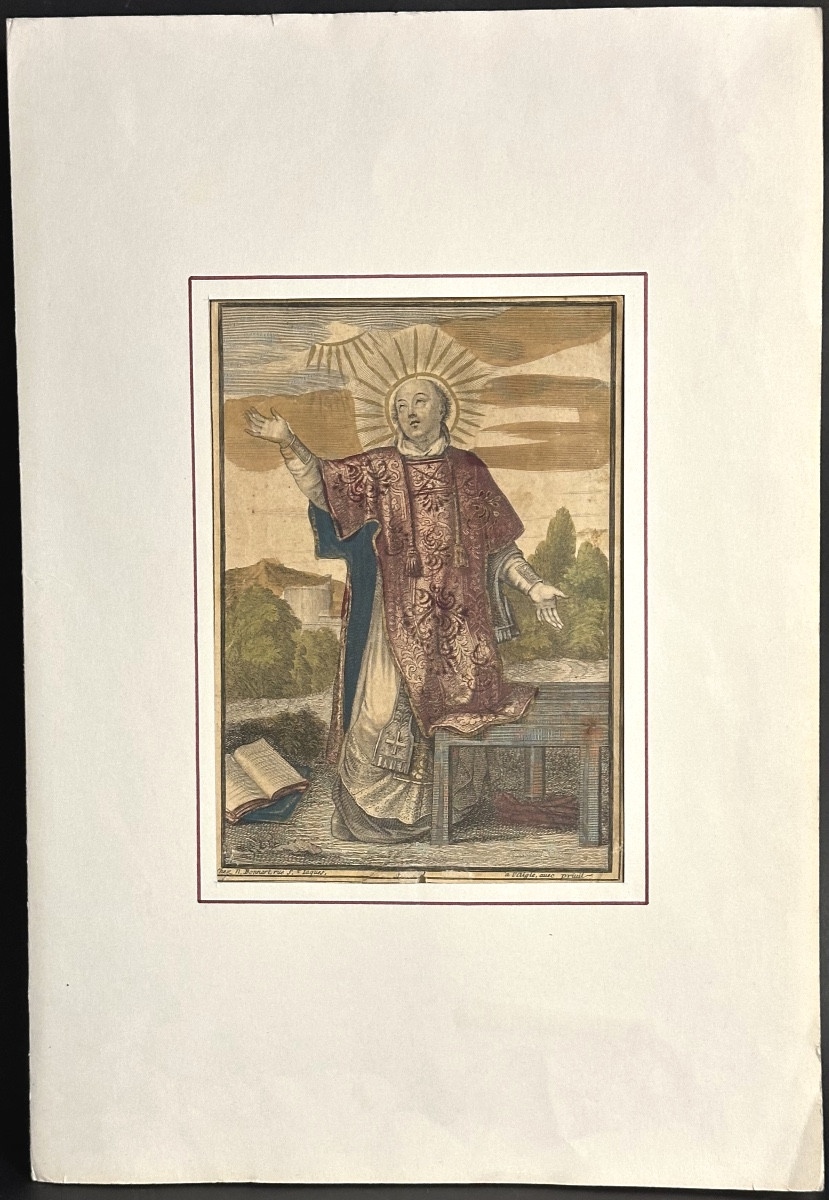 Gravure religieuse rehaussée XVIIIe ou XVIIe Saint Ignace de Loyola Jésuite St -photo-2