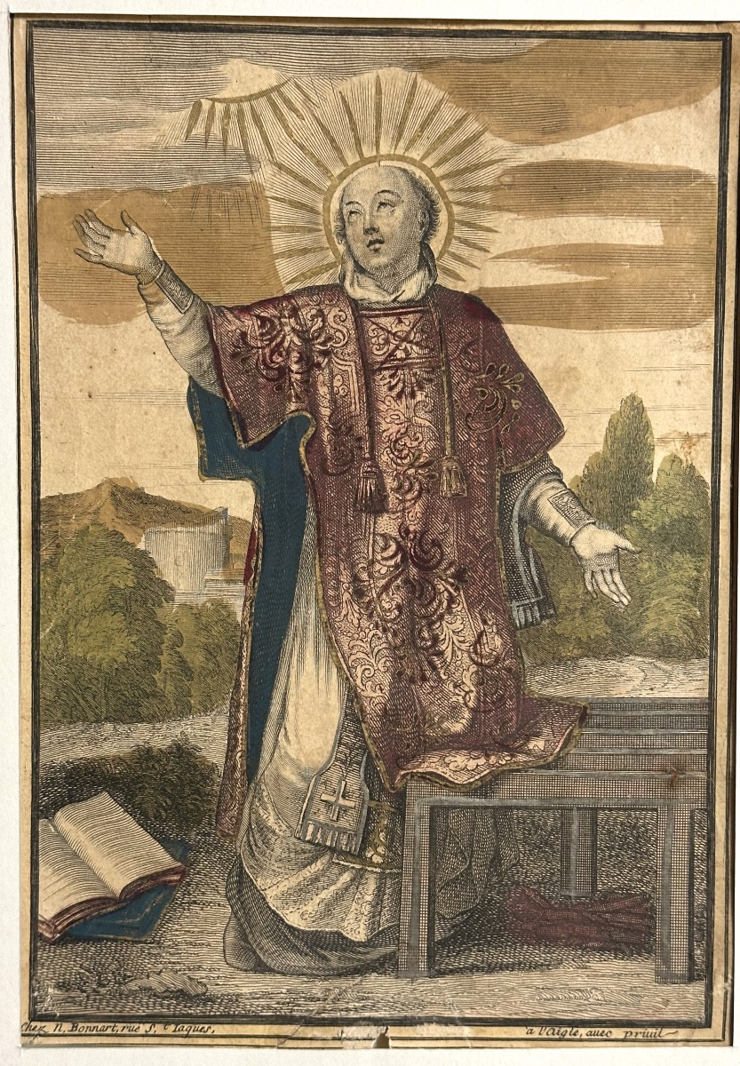Gravure religieuse rehaussée XVIIIe ou XVIIe Saint Ignace de Loyola Jésuite St 