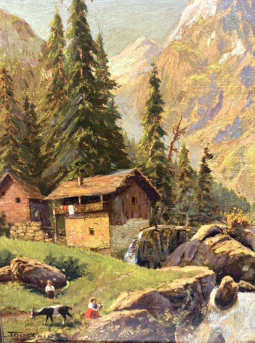 Louis Anatole Toussaint 1856-1919 Oil Mountain Landscape Alpine Animated Alps-photo-3