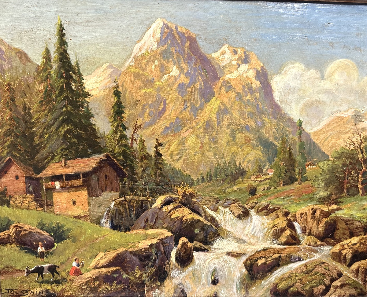 Louis Anatole Toussaint 1856-1919 Oil Mountain Landscape Alpine Animated Alps-photo-1