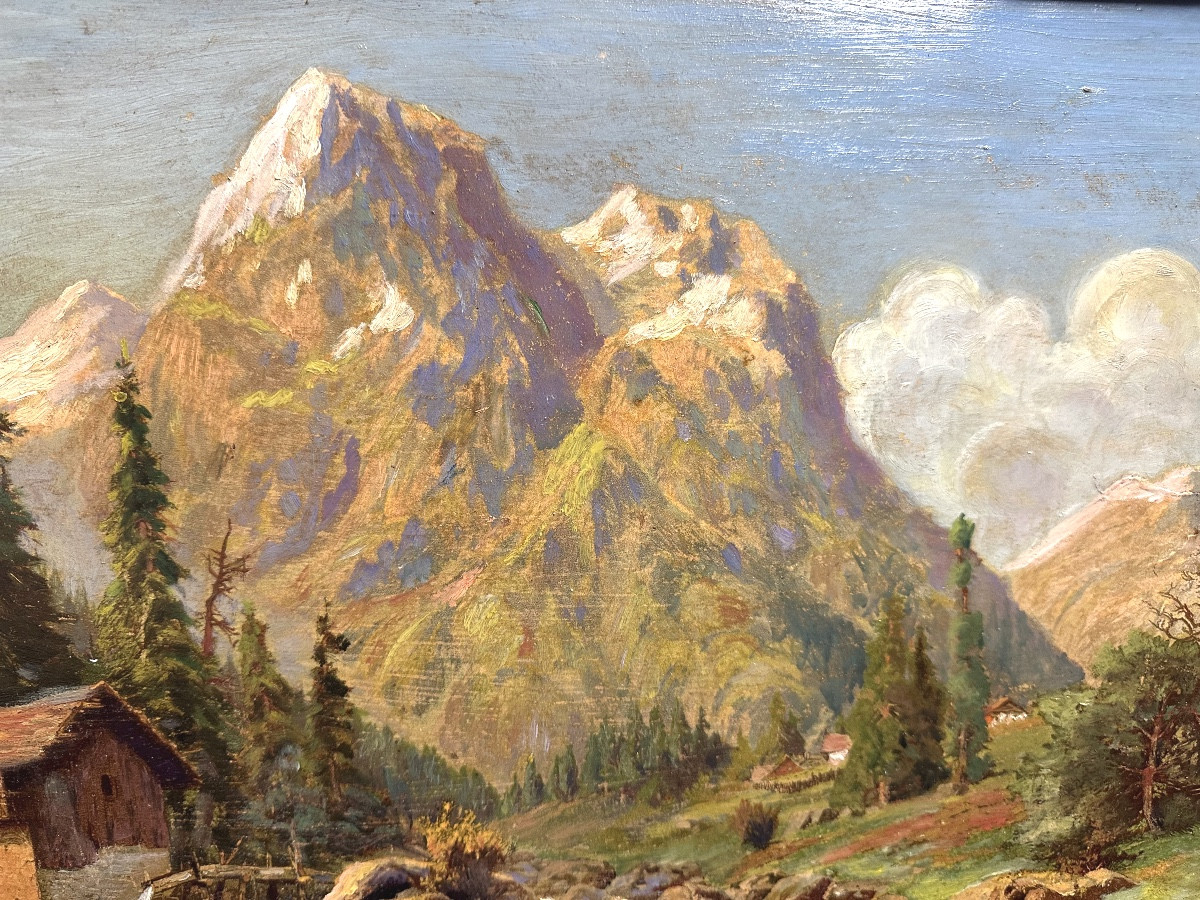Louis Anatole Toussaint 1856-1919 Oil Mountain Landscape Alpine Animated Alps-photo-2