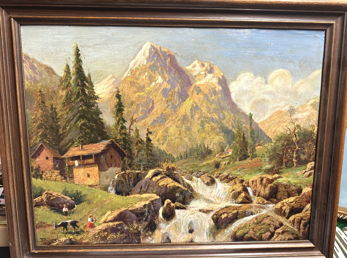 Louis Anatole Toussaint 1856-1919 Oil Mountain Landscape Alpine Animated Alps