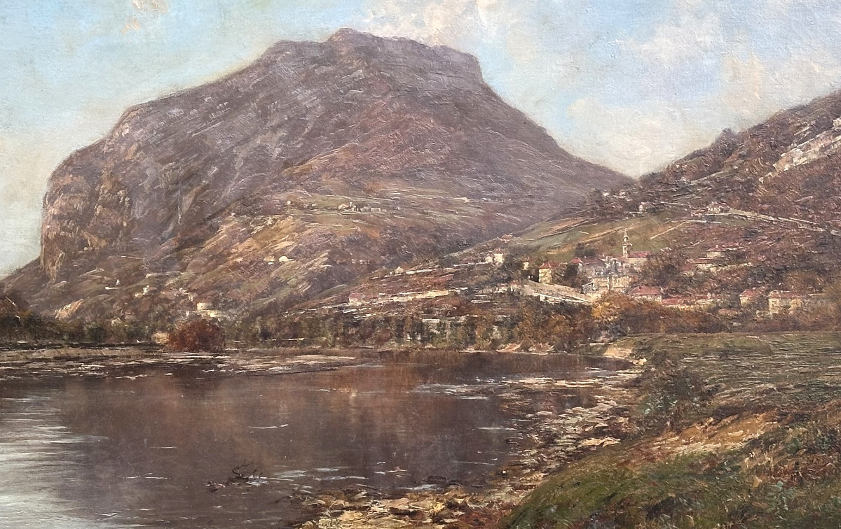 Charles Bertier Grenoble 1860-1924 Large Oil Painting Le Néron St Martin Le Vinoux Bord d'Isère Signed-photo-2