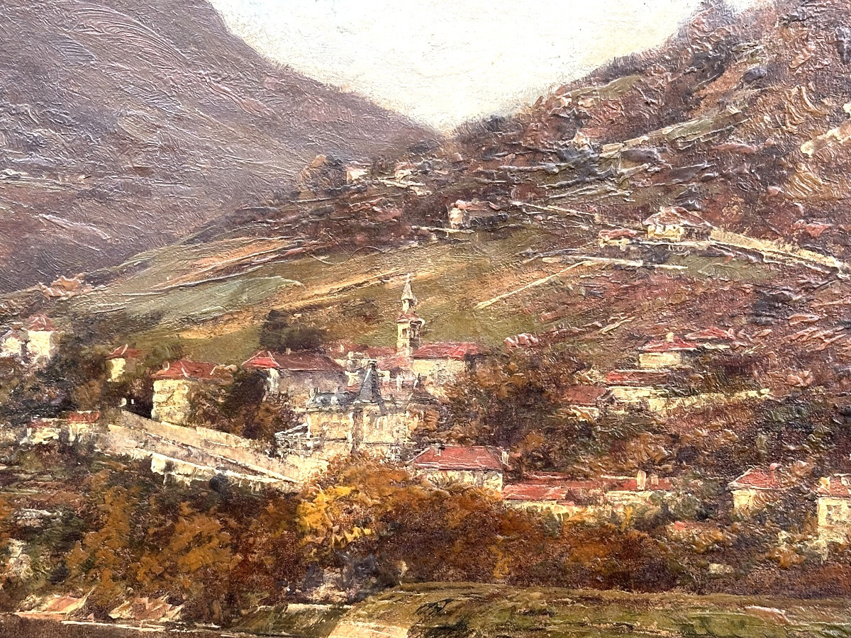 Charles Bertier Grenoble 1860-1924 Large Oil Painting Le Néron St Martin Le Vinoux Bord d'Isère Signed-photo-1