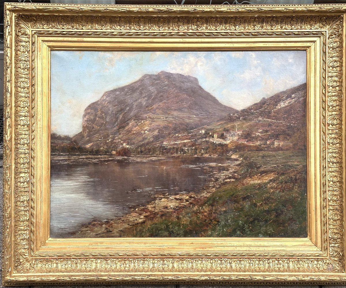Charles Bertier Grenoble 1860-1924 Large Oil Painting Le Néron St Martin Le Vinoux Bord d'Isère Signed