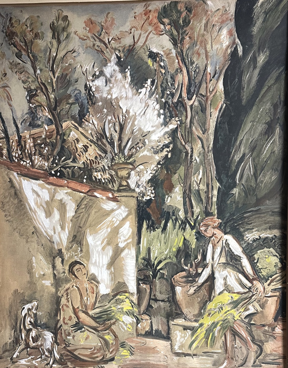 Émile OTHON FRIEZ 1879-1949 Jardin animé lithographie Jacomet vers 1930 signée-photo-2