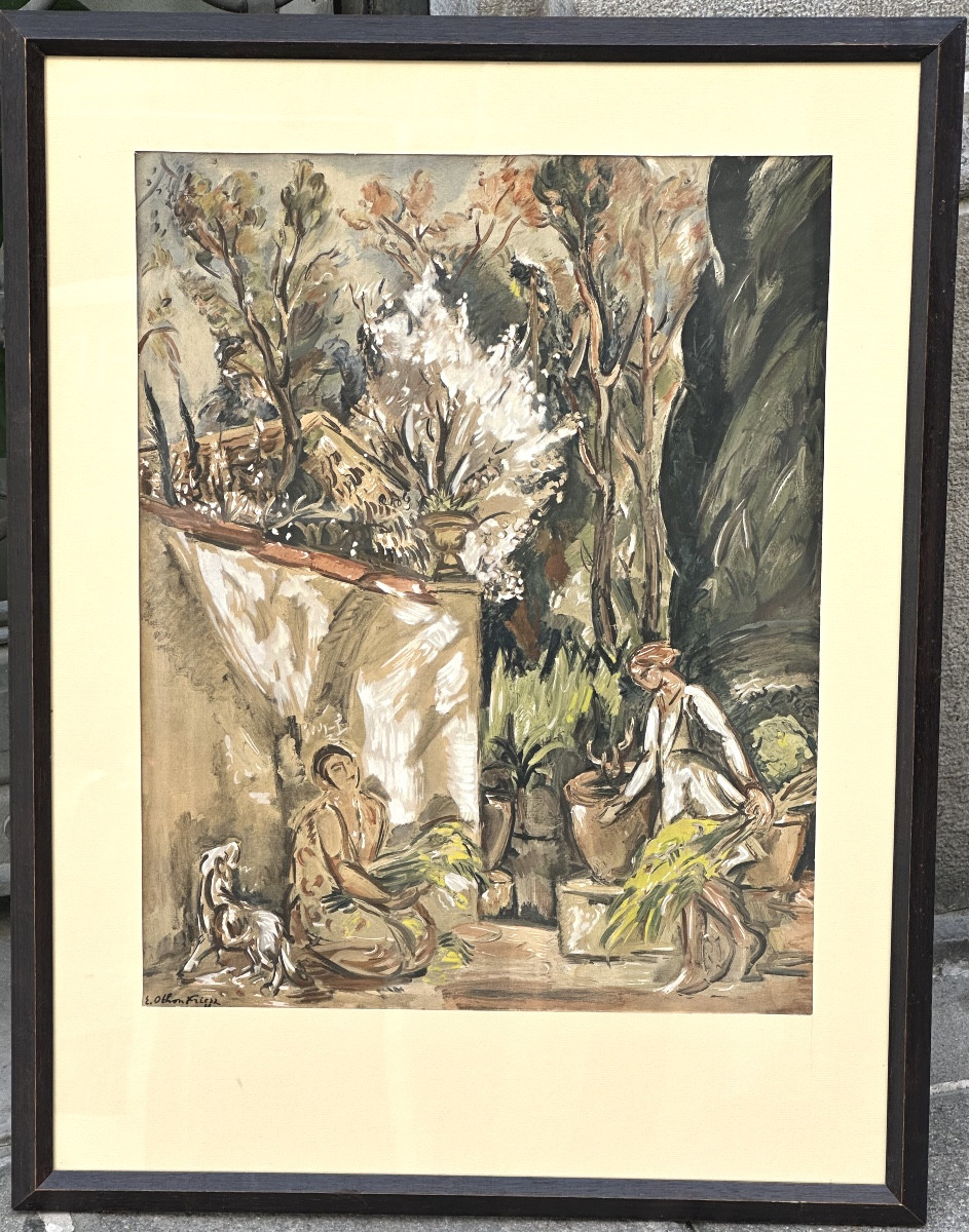 Émile OTHON FRIEZ 1879-1949 Jardin animé lithographie Jacomet vers 1930 signée