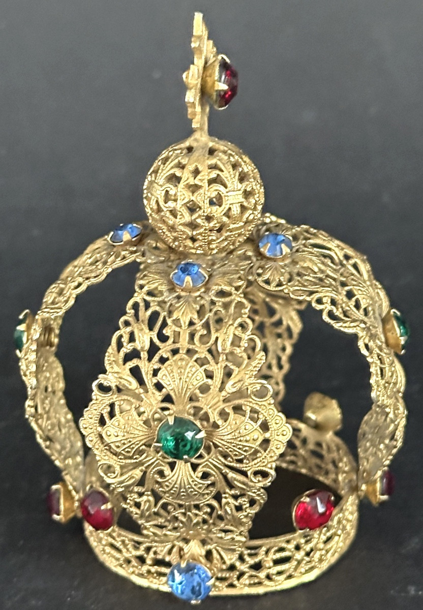 Petite couronne statue Vierge en laiton doré avec strass -photo-2
