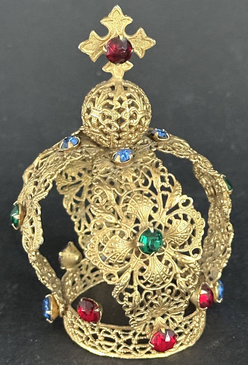 Petite couronne statue Vierge en laiton doré avec strass -photo-1