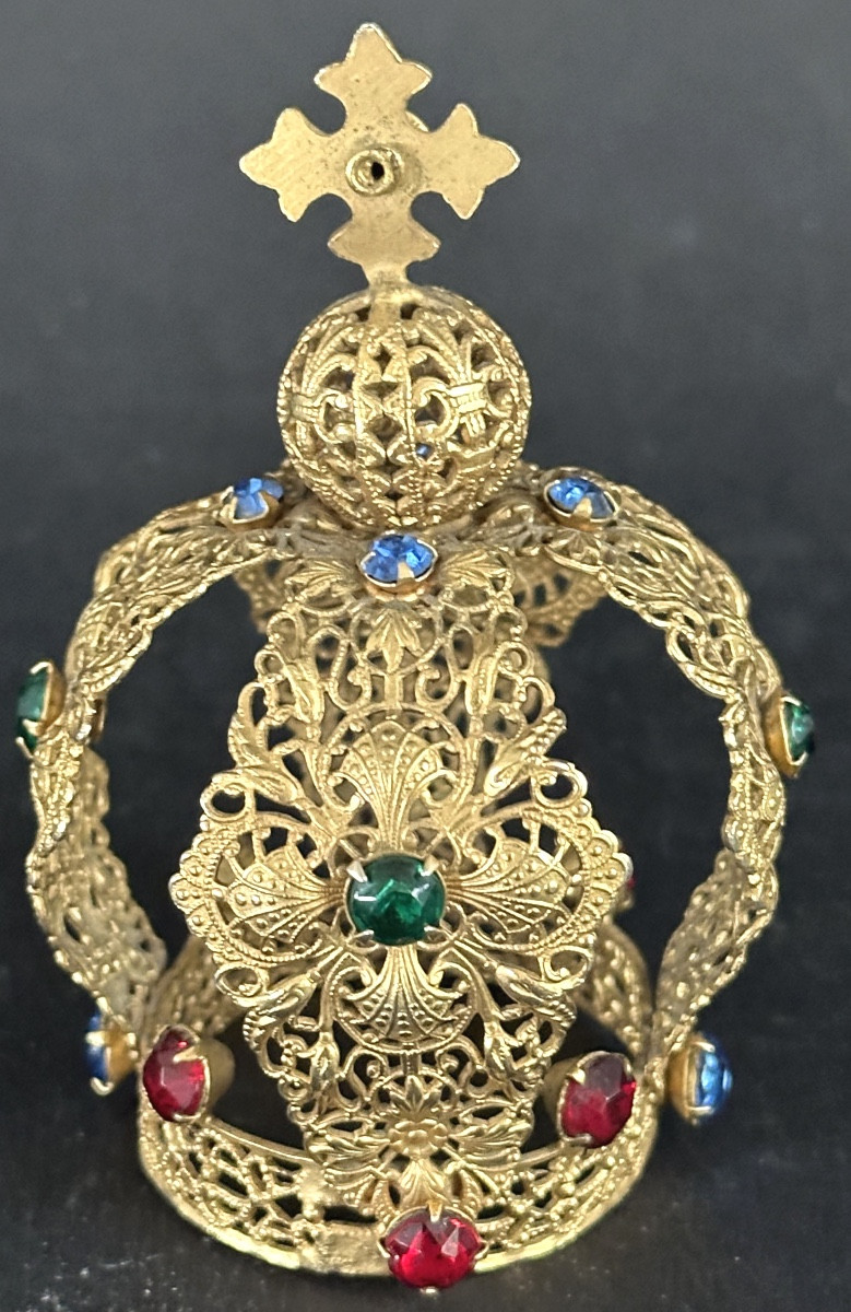 Petite couronne statue Vierge en laiton doré avec strass -photo-2