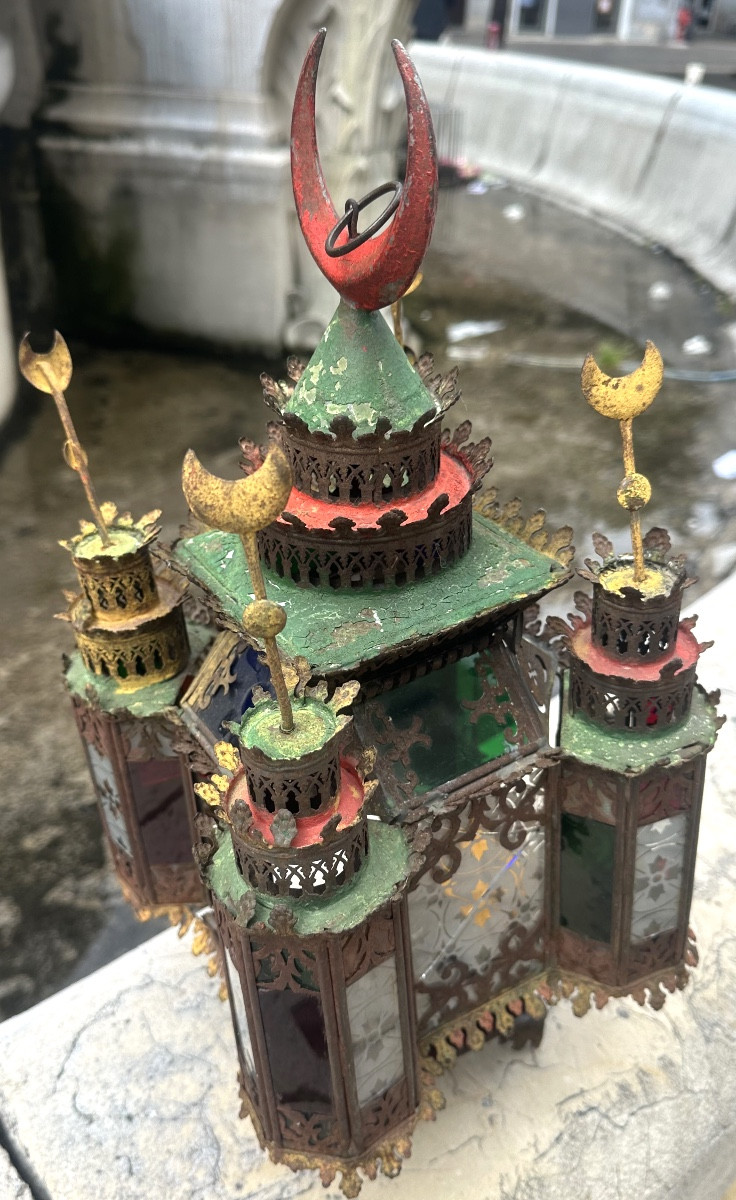 Rare lanterne Mauresque de mosquée fin 19e à bougies Ottoman Turc en métal et verre coloré -photo-2
